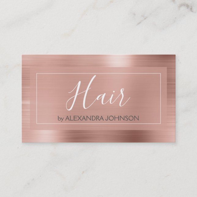 Pink & Rose Gold Brushed Metal Hair Stylist Business Card (Front)