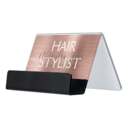Pink &amp; Rose Gold Brushed Metal Hair Stylist Desk Business Card Holder