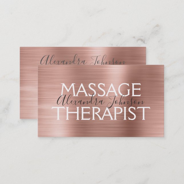 Pink & Rose Gold Brushed Metal Massage Therapist Business Card (Front/Back)