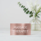 Pink & Rose Gold Brushed Metal Massage Therapist Business Card (Standing Front)