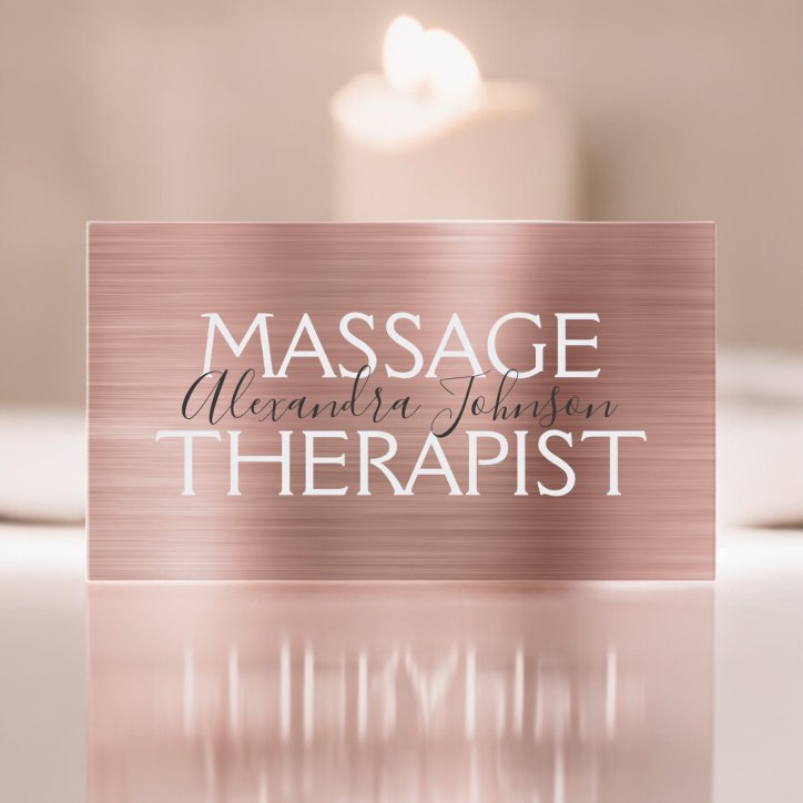 Pink Rose Gold Brushed Metal Massage Therapist Business Card