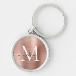 Pink Rose Gold Brushed Metal Monogram Girly Script Keychain