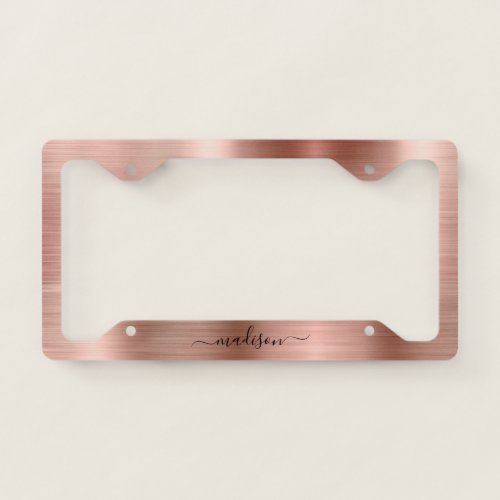 Pink Rose Gold Brushed Metal Monogram Girly Script License Plate Frame