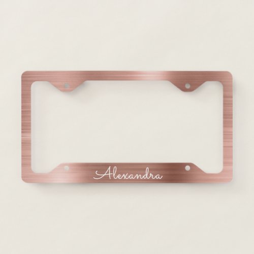 Pink Rose Gold Brushed Metal Monogram License Plate Frame