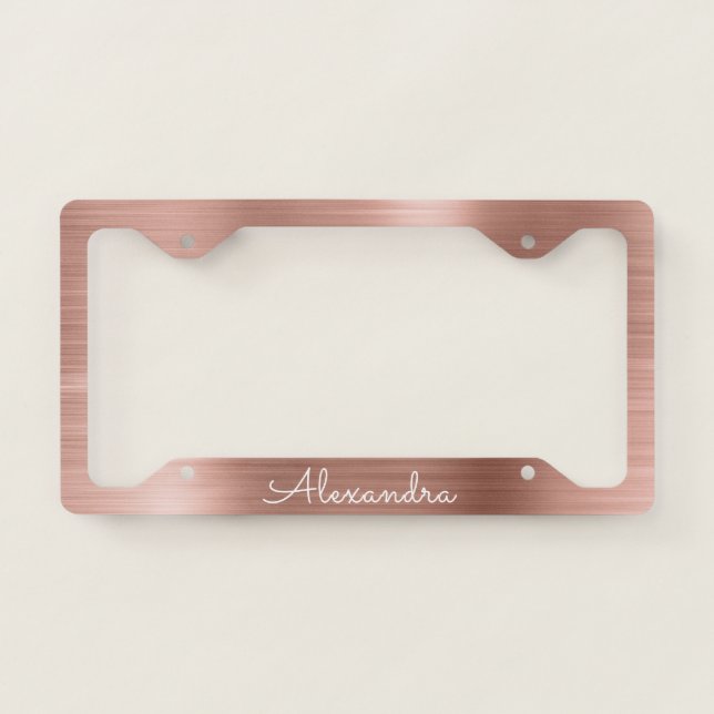 Pink Rose Gold Brushed Metal Monogram License Plate Frame (Front)