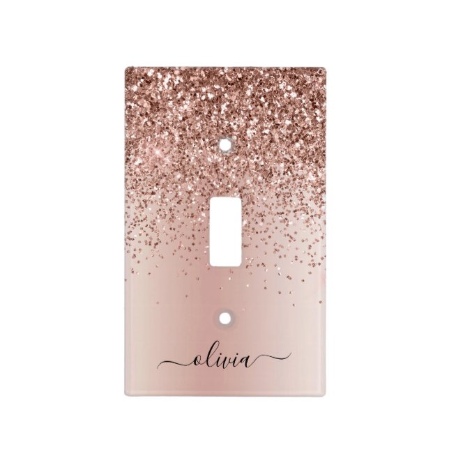 Pink Rose Gold Brushed Metal Monogram Name Light Switch Cover (Front)