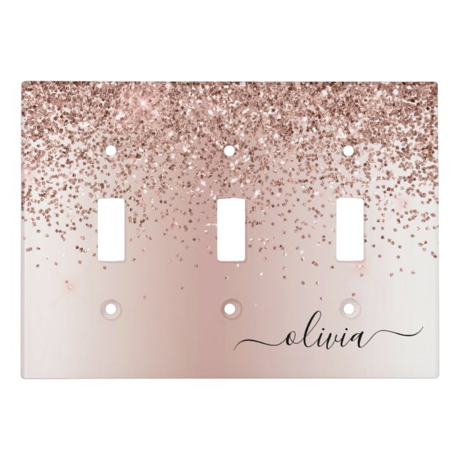 Pink Rose Gold Brushed Metal Monogram Name Light Switch Cover (Front)