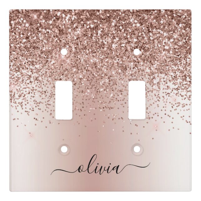 Pink Rose Gold Brushed Metal Monogram Name Light Switch Cover (Front)