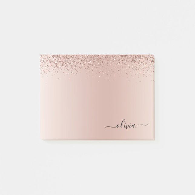 Pink Rose Gold Brushed Metal Monogram Name Post-it Notes (Front)