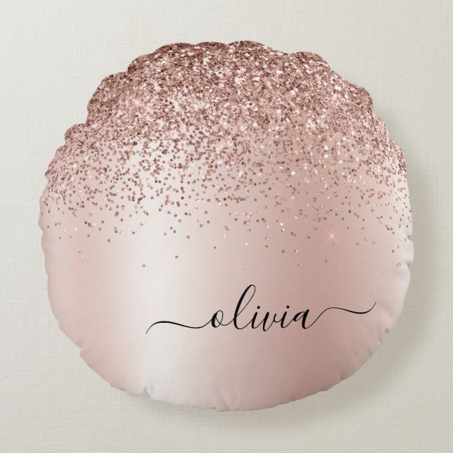 Pink Rose Gold Brushed Metal Monogram Name Round Pillow (Front)