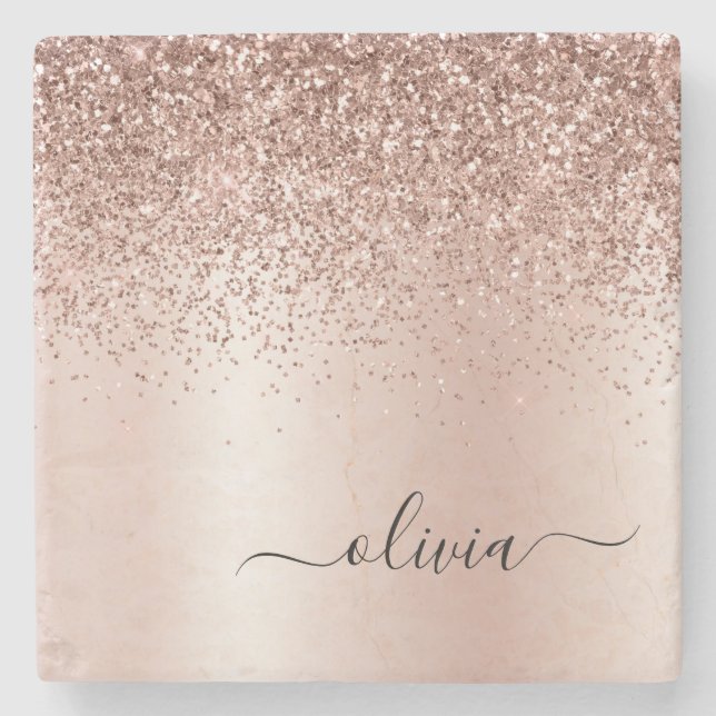 Pink Rose Gold Brushed Metal Monogram Name Stone Coaster (Front)