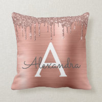 Pink Rose Gold Brushed Metal Monogram Name Throw Pillow