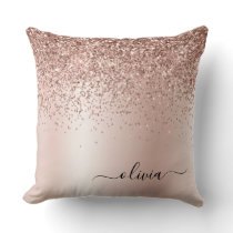 Pink Rose Gold Brushed Metal Monogram Name Throw Pillow