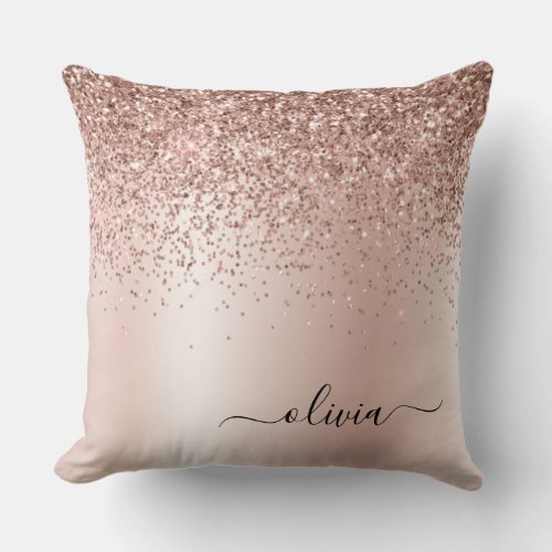Pink Rose Gold Brushed Metal Monogram Name Throw Pillow