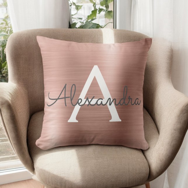 Pink Rose Gold Brushed Metal Monogram Name Throw Pillow (Creator Uploaded)