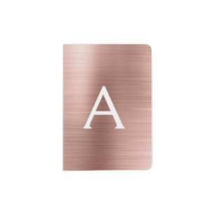 Pink - Rose Gold Brushed Metal Monogram Passport Holder