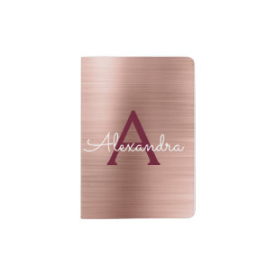 Pink Rose Gold Brushed Metal Monogram Passport Holder
