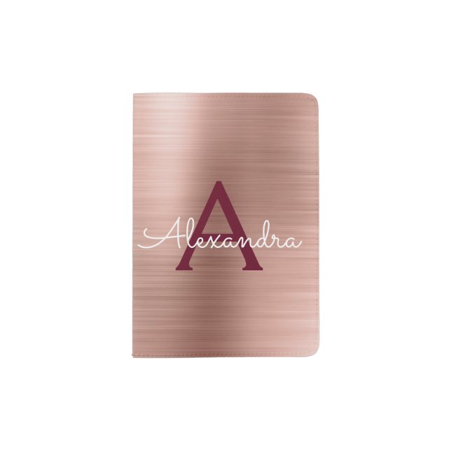 Pink Rose Gold Brushed Metal Monogram Passport Holder (Front)