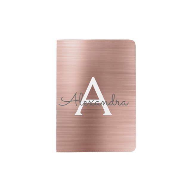 Pink - Rose Gold Brushed Metal Monogram Passport Holder (Front)