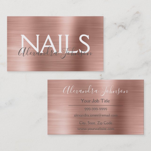 Pink & Rose Gold Brushed Metal Nail Salon Business Card (Front/Back)