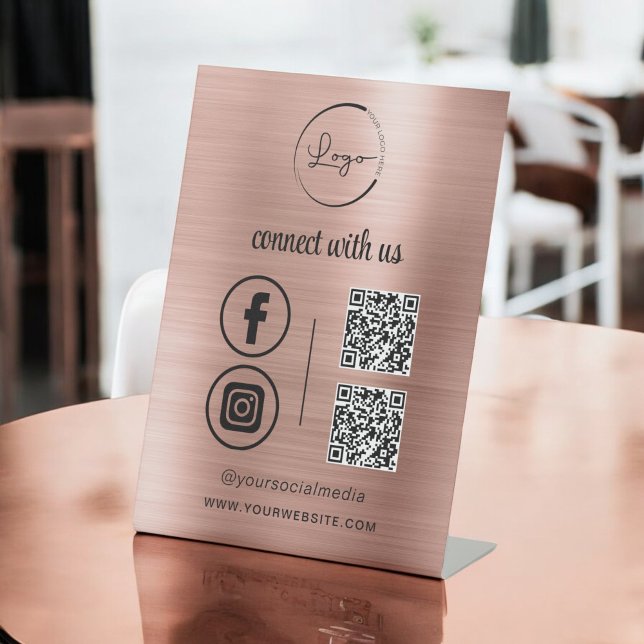 Pink & Rose Gold Brushed Metal QR Code Pedestal Sign (Creator Uploaded)