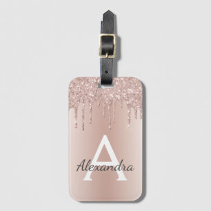 Pink Rose Gold Brushed Metal Script Monogram Cute Luggage Tag