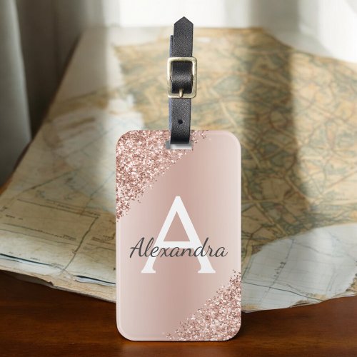 Pink Rose Gold Brushed Metal Script Monogram Cute Luggage Tag