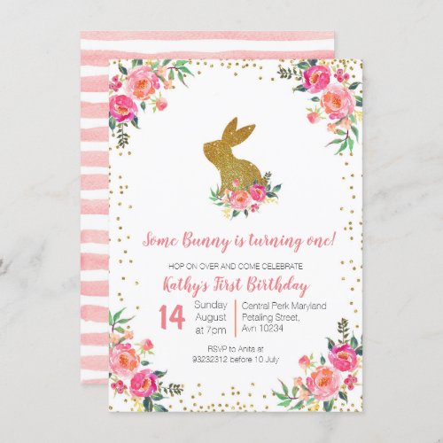 Pink Rose Gold Bunny Birthday Floral Invitation