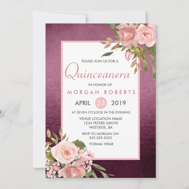 Pink Rose Gold Burgundy Floral Quinceanera Invite (Front)