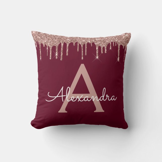 Pink Rose Gold Burgundy Glitter Monogram Name Throw Pillow (Front)