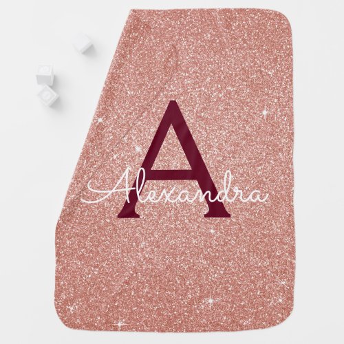 Pink Rose Gold Burgundy Glitter Sparkle Monogram Baby Blanket