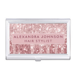 Pink Rose Gold Burgundy Glitter Sparkle Monogram Business Card Case