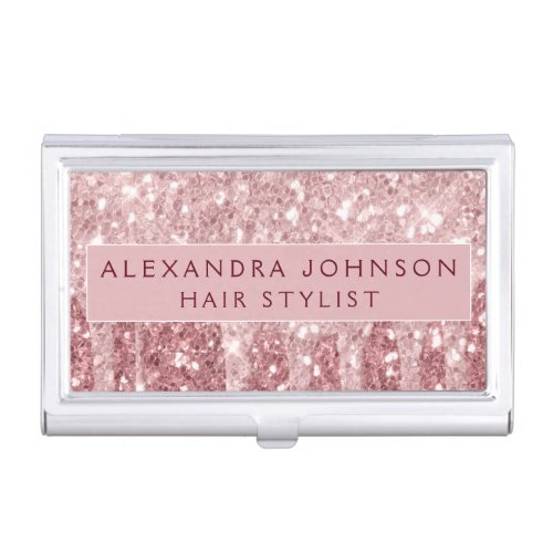 Pink Rose Gold Burgundy Glitter Sparkle Monogram Business Card Case