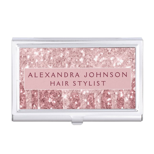 Pink Rose Gold Burgundy Glitter Sparkle Monogram Business Card Case (Front)