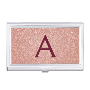 Pink Rose Gold Burgundy Glitter Sparkle Monogram Business Card Case