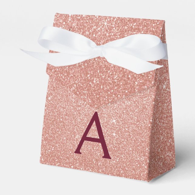 Pink Rose Gold Burgundy Glitter Sparkle Monogram Favor Boxes (Front Side)