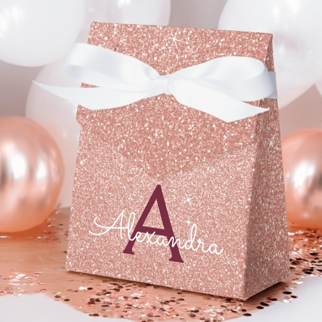Pink Rose Gold Burgundy Glitter Sparkle Monogram Favor Boxes (Creator Uploaded)