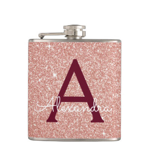 Pink Rose Gold Burgundy Glitter Sparkle Monogram Flask