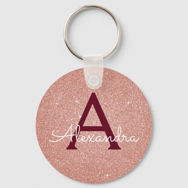 Pink Rose Gold Burgundy Glitter & Sparkle Monogram Keychain (Front)