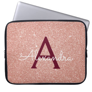 Pink Rose Gold Burgundy Glitter Sparkle Monogram Laptop Sleeve
