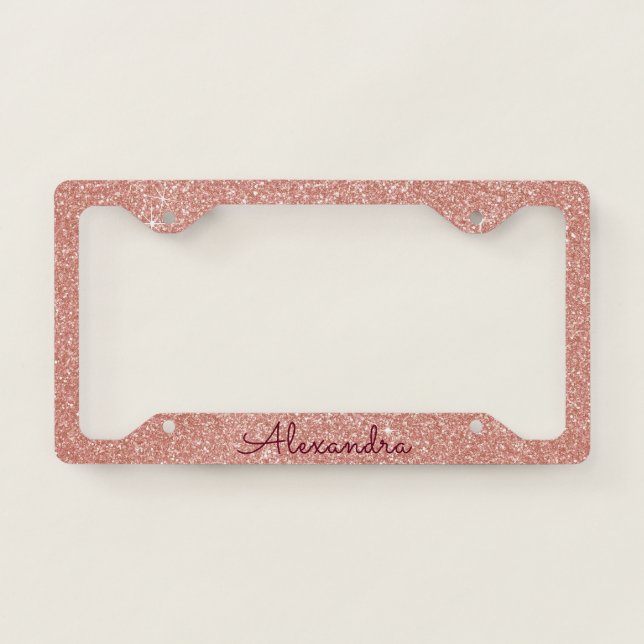 Pink Rose Gold Burgundy Glitter Sparkle Monogram License Plate Frame (Front)