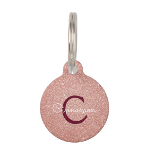 Pink Rose Gold Burgundy Glitter Sparkle Monogram Pet ID Tag