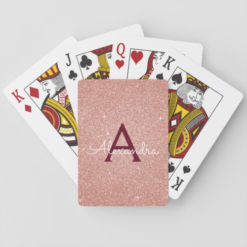 Pink Rose Gold Burgundy Glitter Sparkle Monogram Poker Cards