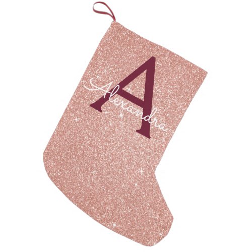 Pink Rose Gold Burgundy Glitter Sparkle Monogram Small Christmas Stocking