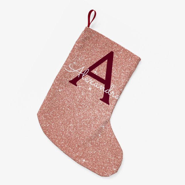Pink Rose Gold Burgundy Glitter Sparkle Monogram Small Christmas Stocking (Front (Hanging))