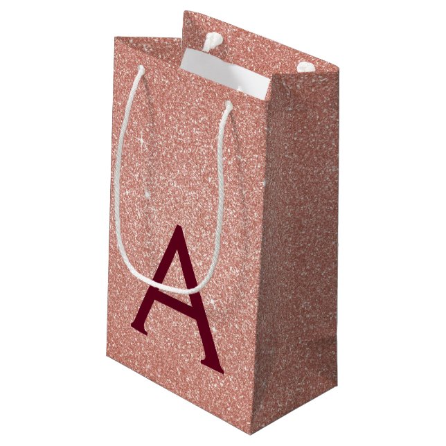 Pink Rose Gold Burgundy Glitter Sparkle Monogram Small Gift Bag (Back Angled)