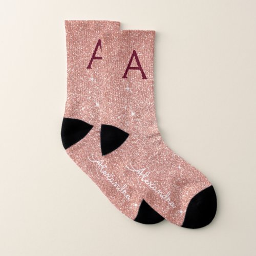 Pink Rose Gold Burgundy Glitter Sparkle Monogram Socks