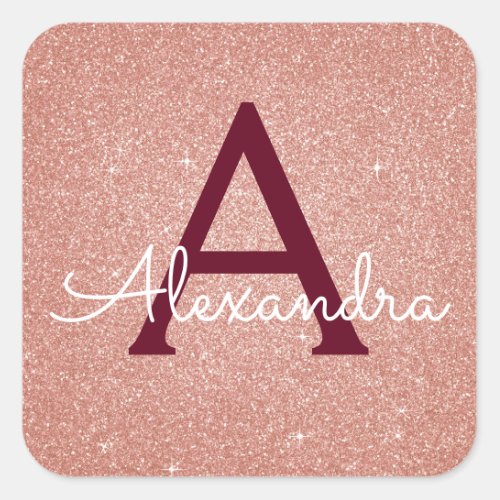 Pink Rose Gold Burgundy Glitter Sparkle Monogram Square Sticker