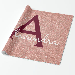 Pink Rose Gold Burgundy Glitter Sparkle Monogram Wrapping Paper