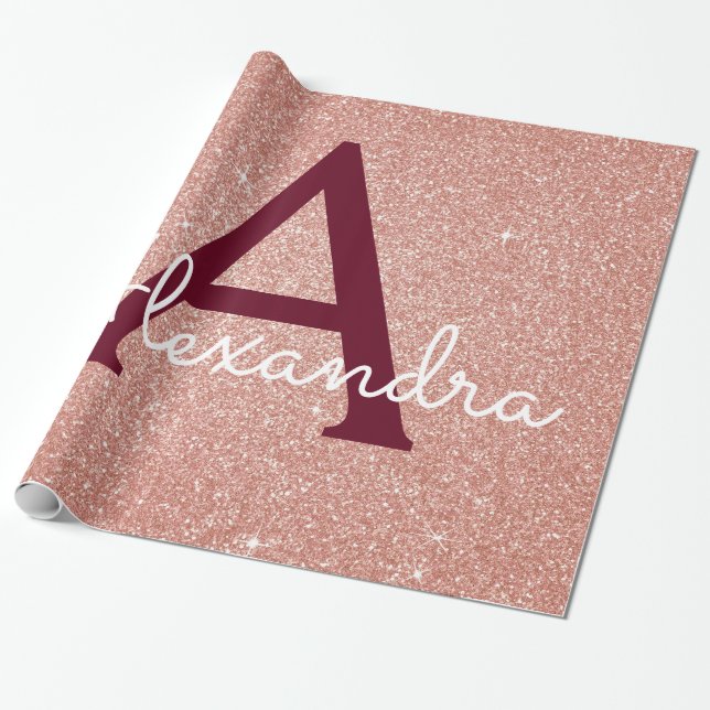 Pink Rose Gold Burgundy Glitter Sparkle Monogram Wrapping Paper (Unrolled)